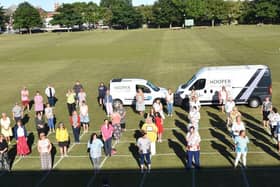 Skegness Sewers for the NHS gathered for a presentation of 1,000 to  make scrubs. Photo: Barry Robinson.