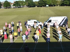 Skegness Sewers for the NHS gathered for a presentation of 1,000 to  make scrubs. Photo: Barry Robinson.