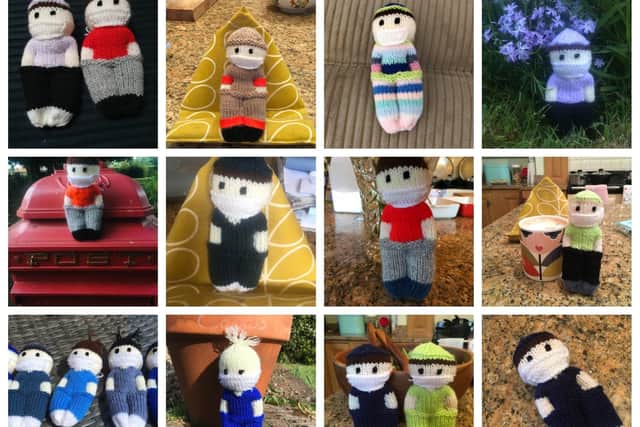Some of Anne White's knitted mascots.