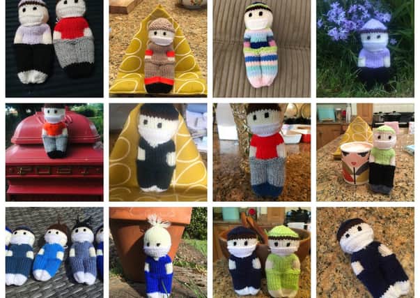 Some of Anne White's knitted mascots.