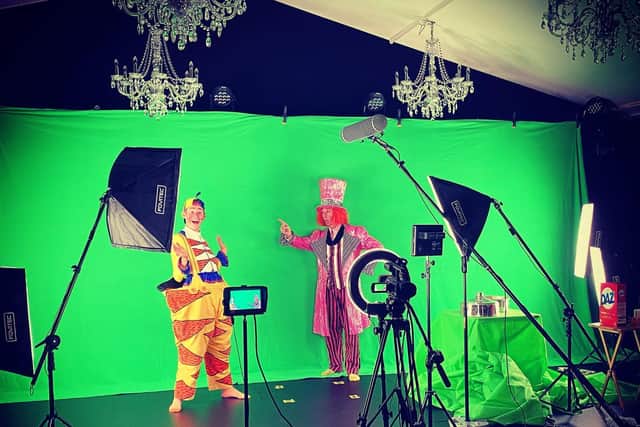 Filming of Neverland Theatre's first socially distanced show Alice in Wonderland, which will be free to view at the end of the month. No actors met during filming, with the exception of Tommy and Rolllo (pictured), who are from the same family.