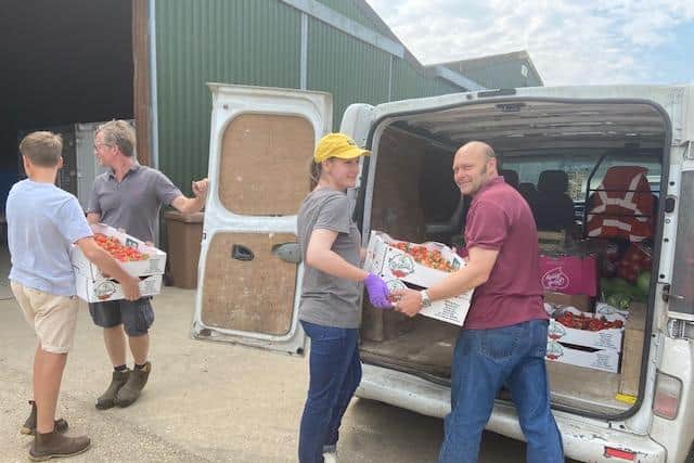 Paul Andrews of Wolds Produce collecting strawberries picked by students.