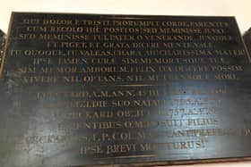 The memorial to Rev John Peckard and his wife in Welbourn Church, erected by his son, Peter Peckard. EMN-200629-154624001