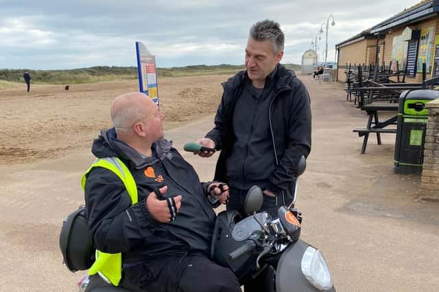 Simon arriving in Skegness.
