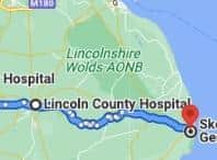 The final stretch of the journey from Lincoln County Hospital to Skegness and District General Hospital.