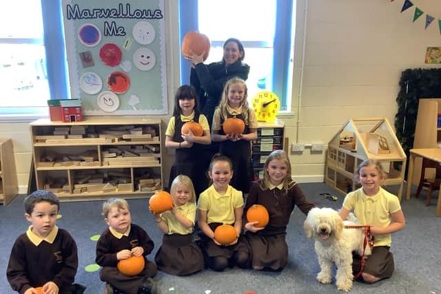 Pupils at The Richmond School in Skegness with pumpkins donated by Tesco. Mrs Lisa Moore took along Evie the Therapy Dog to join in the fun.