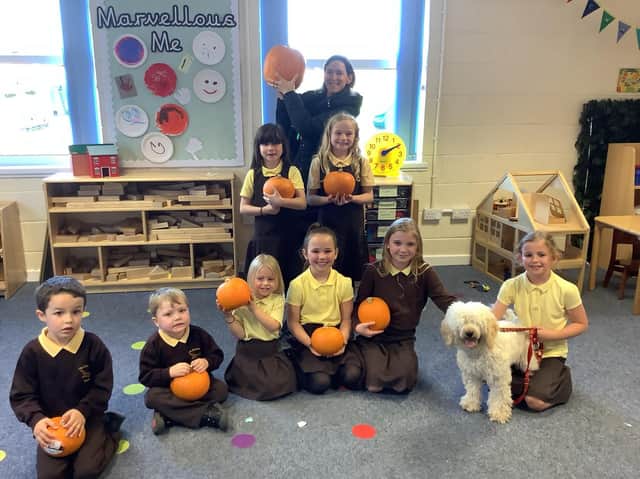 Pupils at The Richmond School in Skegness with pumpkins donated by Tesco.  Mrs Lisa Moore took along Evie the Therapy Dog to join in the fun.