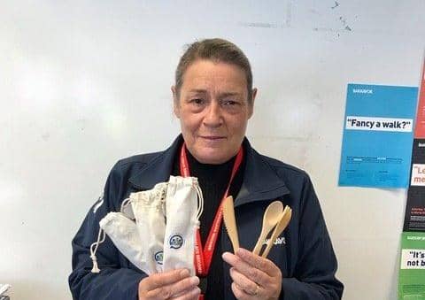 Quality coach Karen Johnston with the bamboo cutlery.