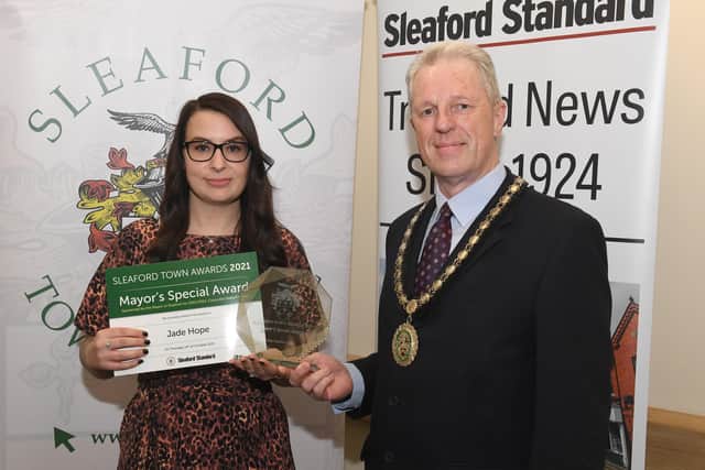 Jade Hope received a Mayor's Special Award, pictured with Mayor of Sleaford Coun Robert Oates. EMN-211015-095331001