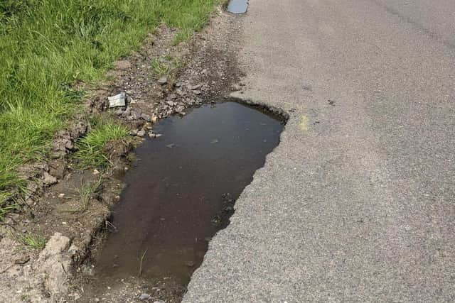 Pothole pictured on June 8 taken by a motorist who complained about
it (LCC Ref 398357). Vewed in colour it clearly shows it has been marked out for repair.