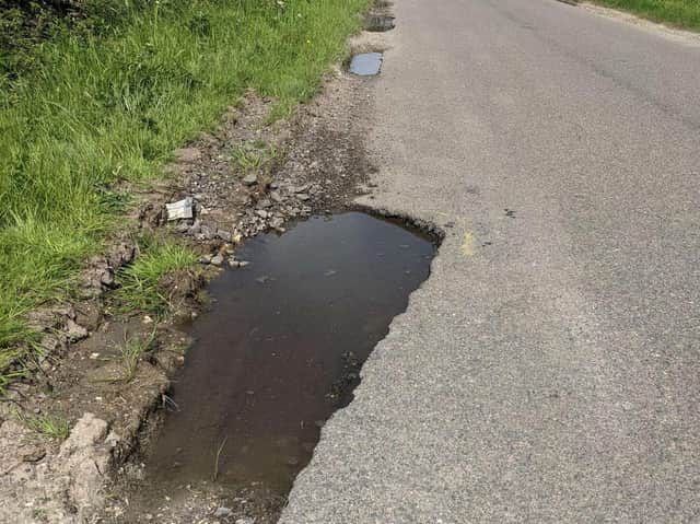 Pothole pictured on June 8 taken by a motorist who complained about
it (LCC Ref 398357). Vewed in colour it clearly shows it has been marked out for repair.