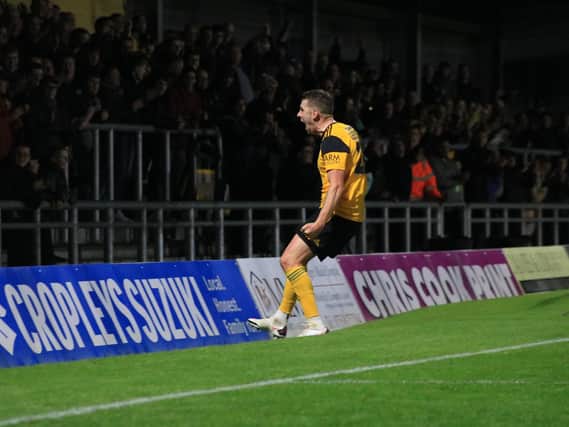 Joe Leesley celebrates netting against Telford.