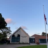 The Union Flag flying half-mast on Skegness' new flag pole in Tower Gardens.