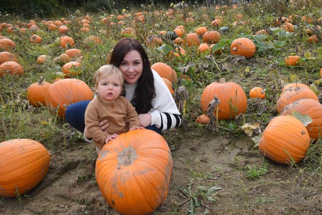Enjoying the pumpkin patch is Amy Wolfe-Gill with James Wolfe-Gill, aged one. EMN-211018-102826001
