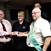 Presentation  by the RAOB (Buffs) to the Skegness RNLI. Pictured (left to right) are   Bro Scott Brazier KOM, Mairie Perry and Bro Steve Lines ROH.