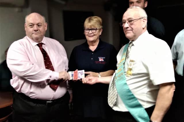 Presentation by the RAOB (Buffs) to the Skegness RNLI. Pictured (left to right) are Bro Scott Brazier KOM, Mairie Perry and Bro Steve Lines ROH.