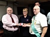 Presentation  by the RAOB (Buffs) to the Skegness RNLI. Pictured (left to right) are   Bro Scott Brazier KOM, Mairie Perry and Bro Steve Lines ROH.