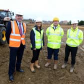 At the start of work on the new 64 affordable homes on Handley Chase. From left - Coun Richard Wright, Leader of North Kesteven District Council, Nick Worboys, Director of Growth, Development and Sales, Freddie Chambers, Lindum Group Managing Director and Mark Jones, Senior New Business Manager at Longhurst Group. EMN-211021-113922001