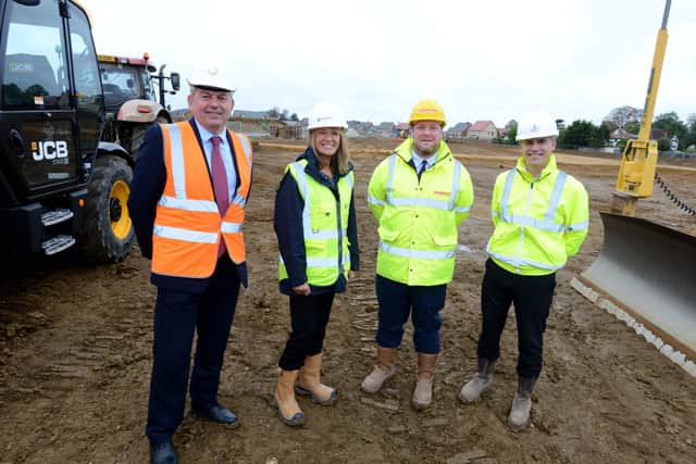 At the start of work on the new 64 affordable homes on Handley Chase. From left - Coun Richard Wright, Leader of North Kesteven District Council, Nick Worboys, Director of Growth, Development and Sales, Freddie Chambers, Lindum Group Managing Director and Mark Jones, Senior New Business Manager at Longhurst Group. EMN-211021-113922001