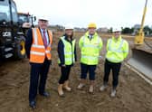 At the start of work on the new 64 affordable homes on Handley Chase. From left - Coun Richard Wright, Leader of North Kesteven District Council, Nick Worboys, Director of Growth, Development and Sales, Freddie Chambers, Lindum Group Managing Director and Mark Jones, Senior New Business Manager at Longhurst Group. EMN-211021-113922001