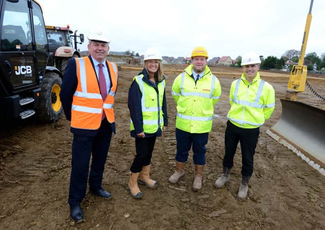 At the start of work on the new 64 affordable homes on Handley Chase. From left - Coun Richard Wright, Leader of North Kesteven District Council, Nick Worboys, Director of Growth, Development and Sales, Freddie Chambers, Lindum Group Managing Director and Mark Jones, Senior New Business Manager at Longhurst Group. EMN-211021-113922001