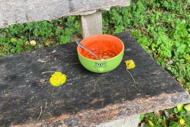 The discarded bowl of baked beans.