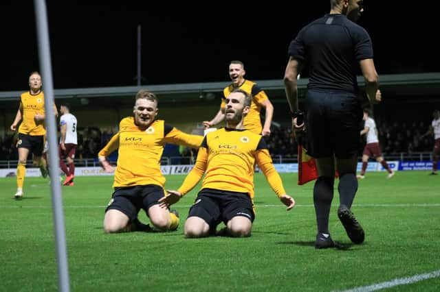 Shane Byrne celebrates his winner against York. Photo: Oliver Atkin