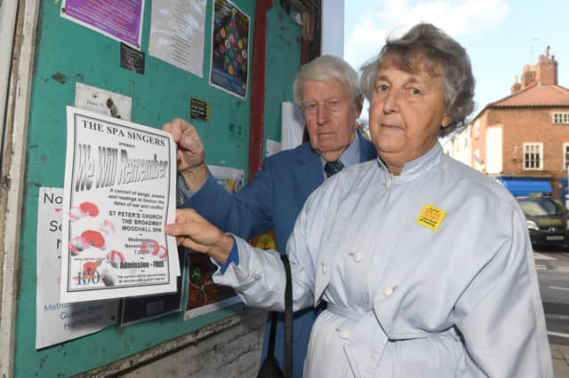 Maureen and Keith Gaguley of Spa Singers, unhappy that their Remembrance Day concert poster keeps being removed from Horncastle notice board EMN-210111-142328001