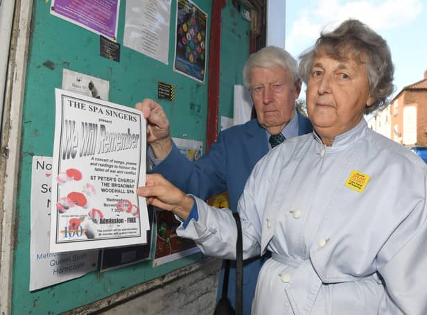 Maureen and Keith Gaguley of Spa Singers, unhappy that their Remembrance Day concert poster keeps being removed from Horncastle notice board EMN-210111-142328001