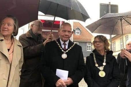 Former Mayor of Skegness Coun Sid Dennis, who read out names of the fallen from WW1 at the 2017 box illustrating peace, pictured alongside  Mayor of Bad Gandersheim Franziska Schwarz.