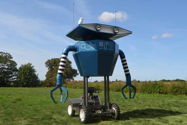 The driveable Big Blue Robot - with owl sitting on top.