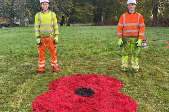 The giant poppy on Gunby Roundabout ready for Remembrance Day.