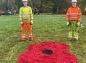 The giant poppy on Gunby Roundabout ready for Remembrance Day.