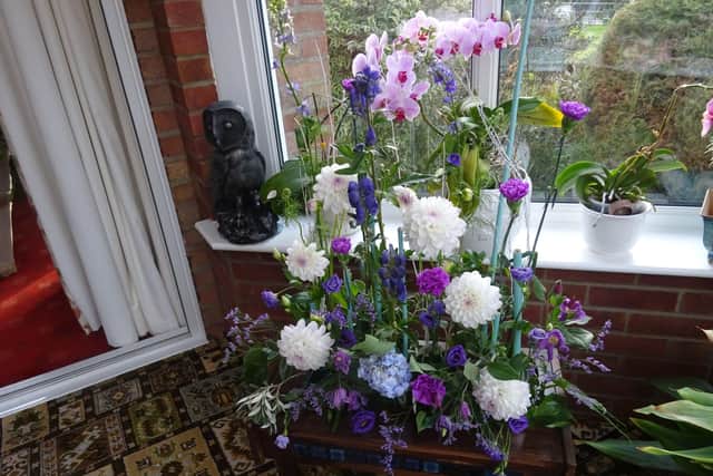 Part of the blue-themed arrangement.