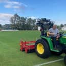 Market Rasen Town Football Club volunteer groundsman Kevin Bett using some of the new equipment to enable the players to enjoy better playing surfaces at Rase Park for the next few years. EMN-210911-090258001