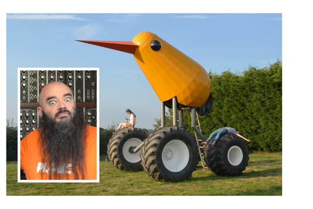 David Cranmer (inset) and one of his giant madcap creations - the geometric chick on wheels.