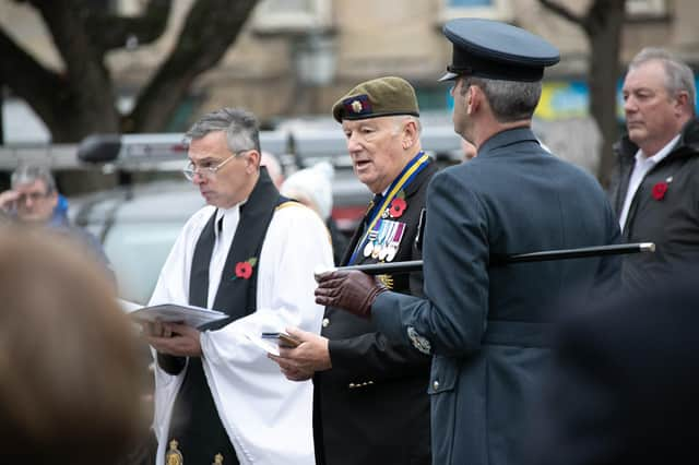 A scene from the Armistice Day Remembrance Service led by Rev Philip Johnson, in Sleaford Market Place today (Thursday, November 11). Personnel from RAF College Cranwell, along with members of the Royal British Legion and members of the public, gathered to remember the Fallen during a short service. Photo: Paul Saxby/MOD

©MoD Crown Copyright 2021 All Rights Reserved

Media Services
RAF College Cranwell
Sleaford
Lincolnshire. EMN-211111-150916001