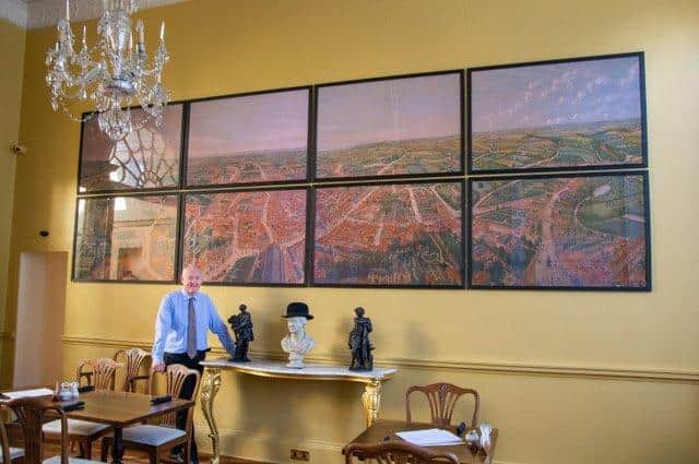 Andrew Leonard with the reproduction of Brown's Panorama at The Mansion House in Upgate, Louth.
