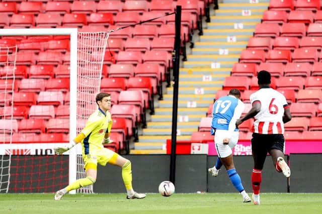Marcus Dewhurst in action against Birmingham City in the Premier Development League Play-Off final match between Sheffield United U23 and Birmingham City U23 at Bramall Lane on May 24, 2021. (Photo by George Wood/Getty Images)