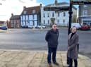 Coun Angela Lawrence and Town Clark Carl Thomas in Caistor Market Place EMN-211123-100446001