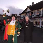 Town Crier John Griffiths and Mayor Coun Robert Oates officially switch on Sleaford Christmas lights for 2021 in the Market Place.