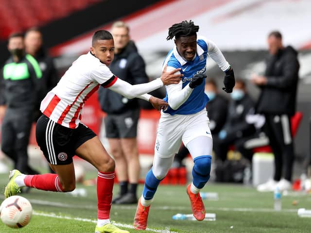 Boston United loanee Kyron Gordon tangles with Jayden Reid of Birmingham City during the Premier Development League Play-Off Final match between Sheffield United U23 and Birmingham City U23 at Bramall Lane in May 24. (Photo by George Wood/Getty Images)