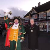 Town Crier John Griffiths and Mayor Coun Robert Oates officially switch on Sleaford Christmas lights for 2021 in the Market Place. EMN-211126-170827001