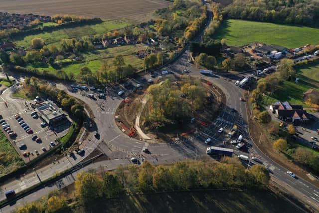 A bird's eye view of Holdingham Roundabout as it shapes up to reopen next week. Photo: LCC EMN-210112-084445001