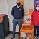 Lee Galyer, store manager at Sainsbury’s and Suzy Pearl, New Life Assistant Community Connector,  with the food donation bin at the front of the store in Spilsby.