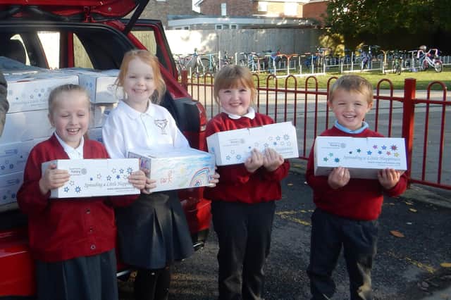 Year One children at Boston West Academy with some of the boxes filled in this year's appeal.