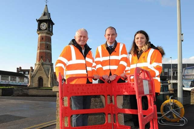 MP for Boston and Skegness Matt Warman joined Lightspeed Broadband engineers near the Clock Tower today to see  how they are laying the high-capacity fibre optic network and installing underground boxes. Also pictured are (left) Steve Haines, CEO, LightSpeed Broadband and Laura Sylvester-Smith, Customer Experience Manager.