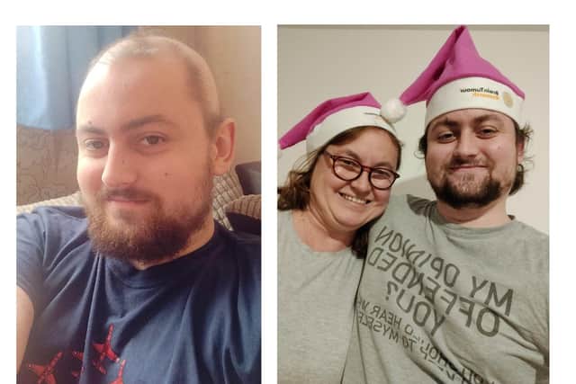 Joshua Cullen, and pictured in Santa hats with his mum Magdi, right.