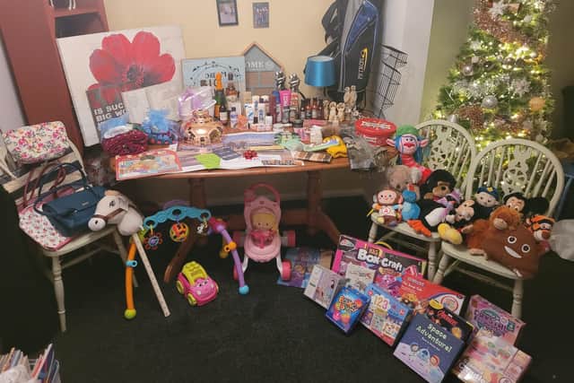 All the prizes donated for Ethan's raffle to help homeless people. EMN-210912-095714001