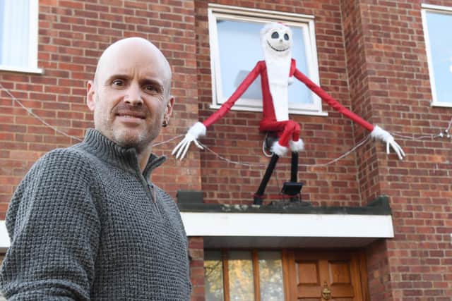 Kirton artist, Danny Dowding, with the giant Jack Skellington figure he created. Photo by David Dawson.